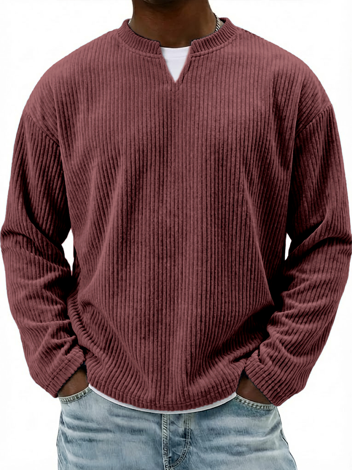 Corduroy V-neck Casual Long-sleeved T-shirt