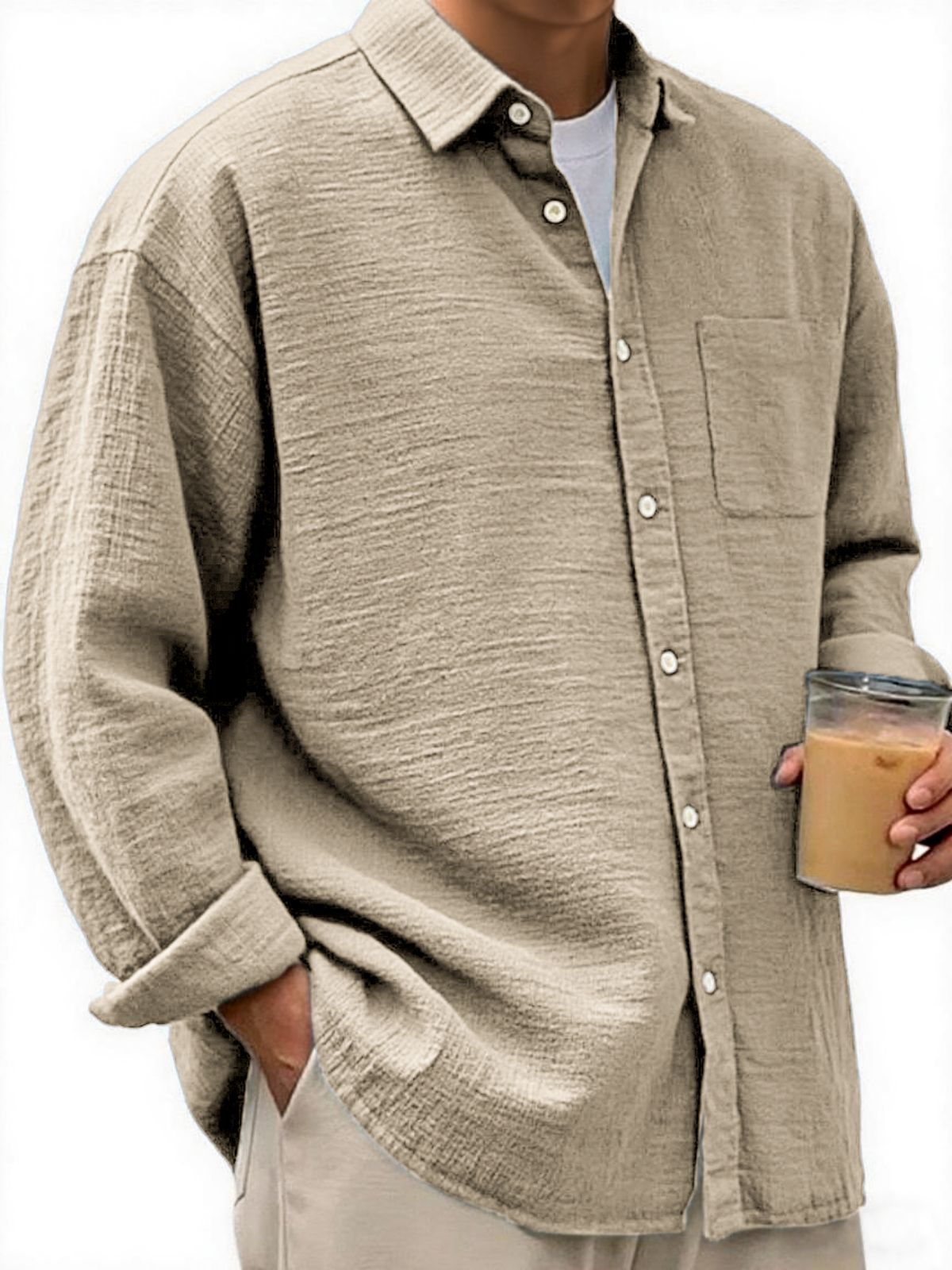Men's Crinkled Linen Urban Casual Daily Long-sleeve Shirt with Chest Pocket