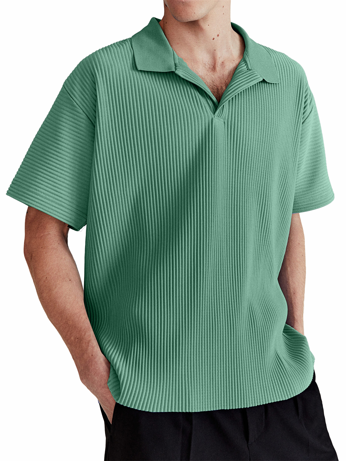Men's Daily Casual Comfortable Vertical Striped Solid Color V-neck Short-sleeved Polo Shirt