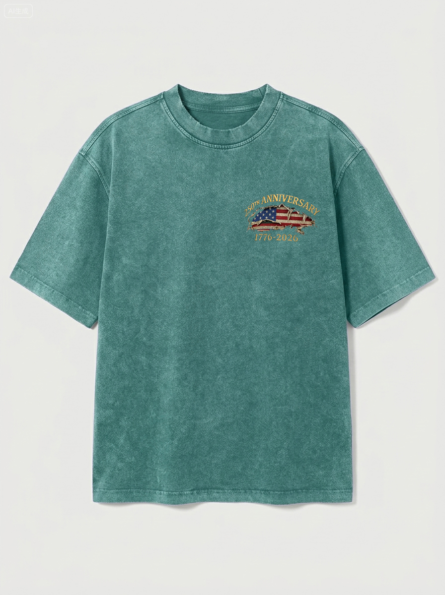 100% Cotton Vintage Washed & Distressed USA 250th Anniversary Crew Neck Short-Sleeve T-Shirt