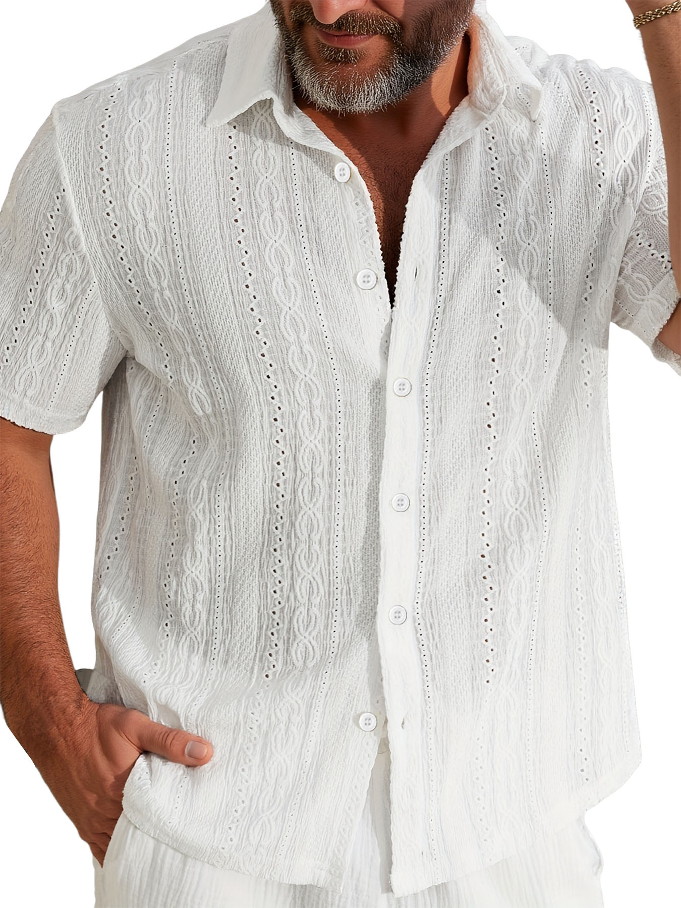 Men's Jacquard Lapel Casual Blue Short-sleeved Shirt