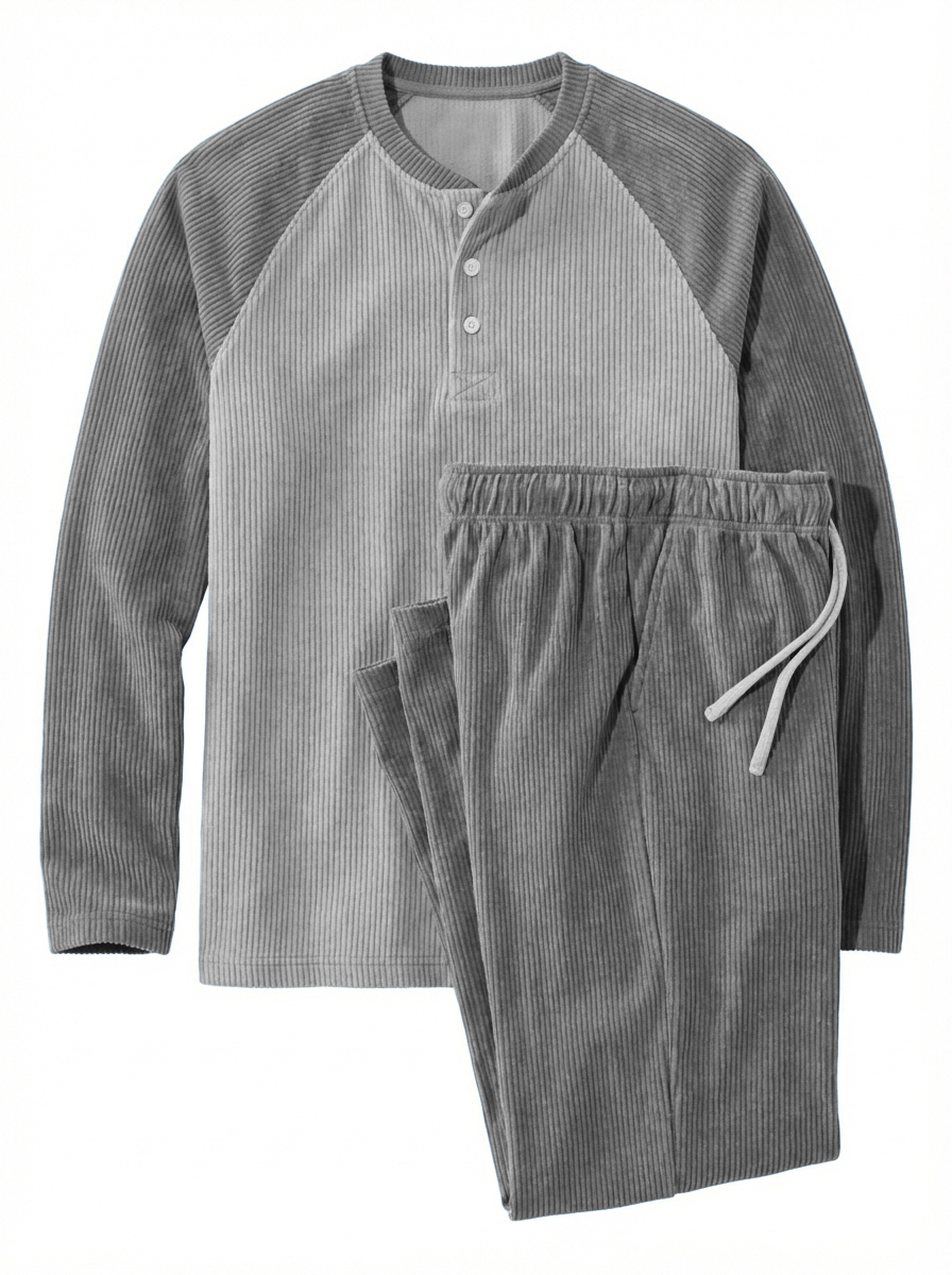 Men's Casual Corduroy Raglan Sleeve Henley Shirt And Pants Set OOTD