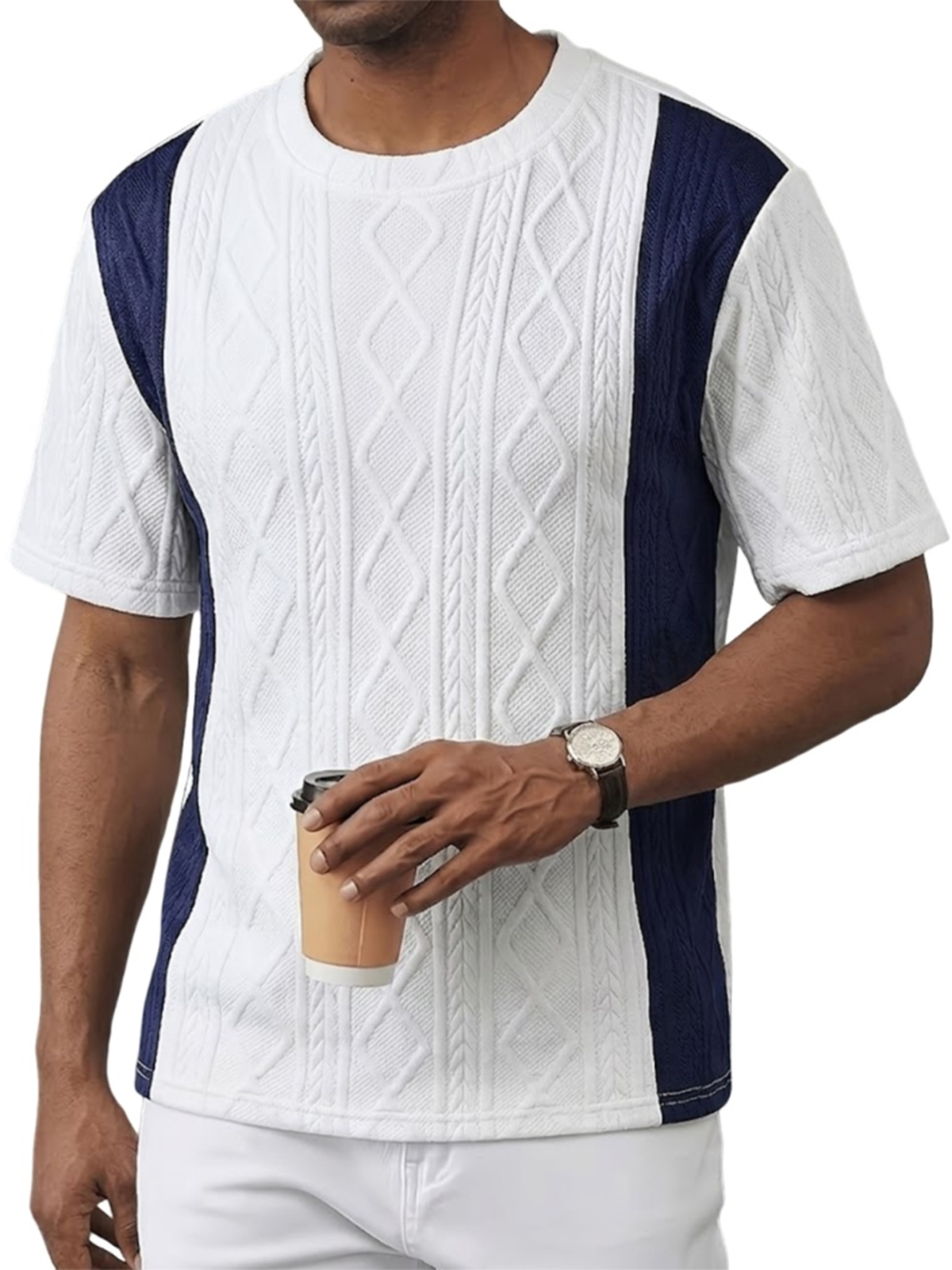 Men's Color Block Jacquard Textured Pullover Crew Neck T-Shirt