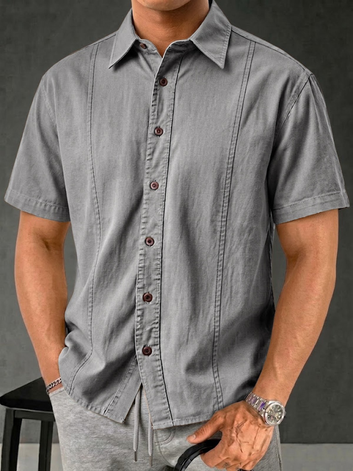 Men's Retro Solid Color Casual Patchwork Shirt