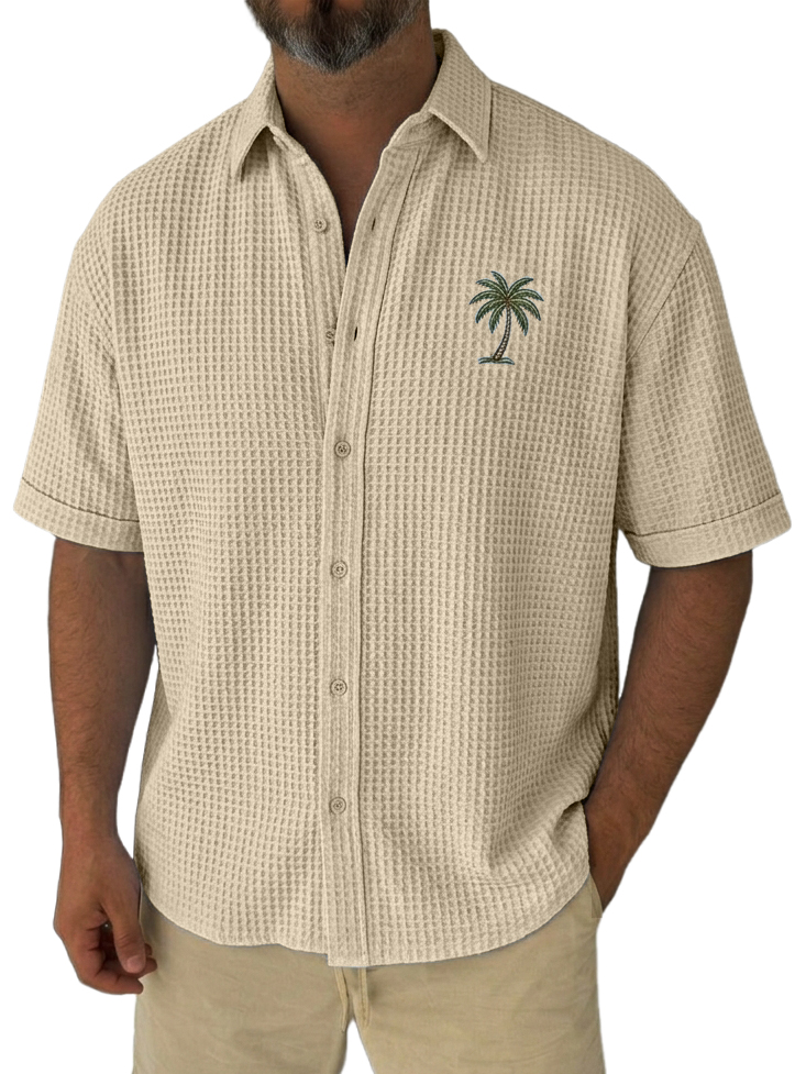 Men's Simple Casual Loose Fit Waffle-Knit Short Sleeve Shirt with Palm Tree Pattern