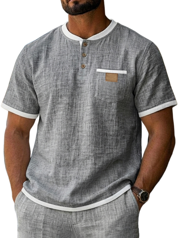 Men's Casual Breathable Linen Embroidered Logo Short-sleeved Henley Shirt