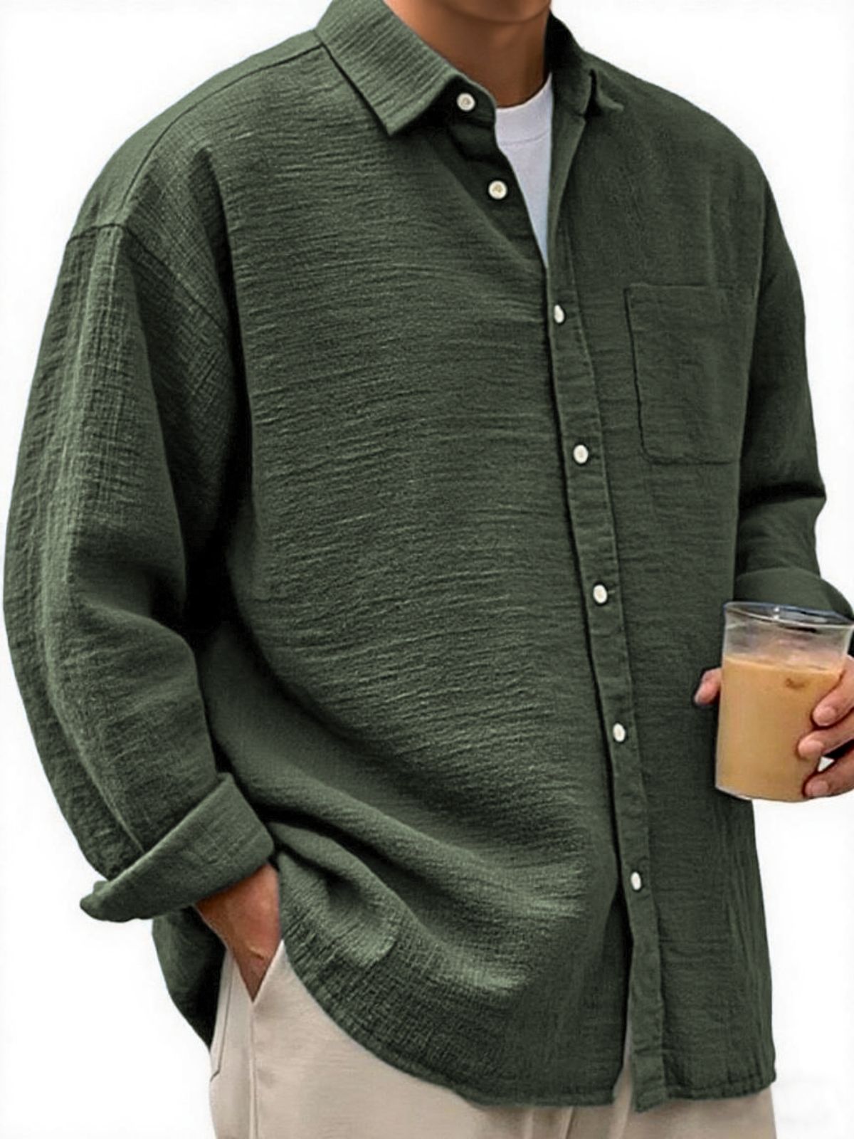 Men's Crinkled Linen Urban Casual Daily Long-sleeve Shirt with Chest Pocket