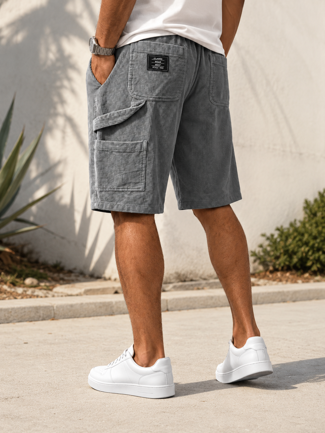 Men's Retro Embroidered Suede Logo Corduroy Stylish Drawstring Casual Shorts