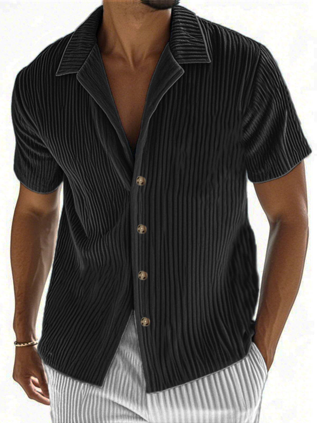 Men's Ribbed Vertical Striped Camp Collar Short-sleeved Lapel Shirt