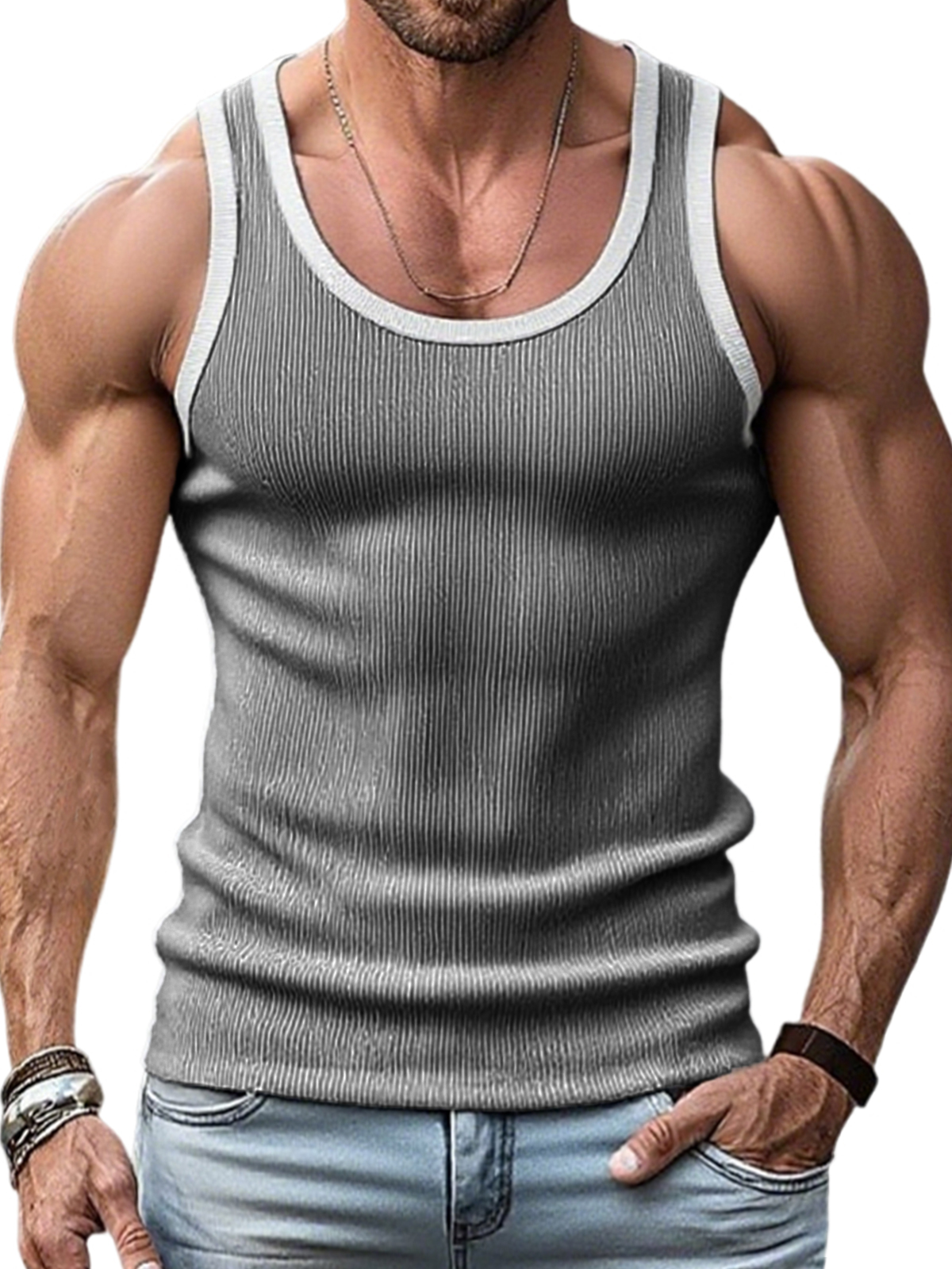 Men's Stylish Ribbed Contrast Color Sleeveless Sports Fitness Vest