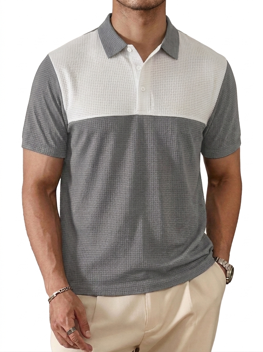 Color-Block Waffle-Knit Urban Casual Polo Shirt