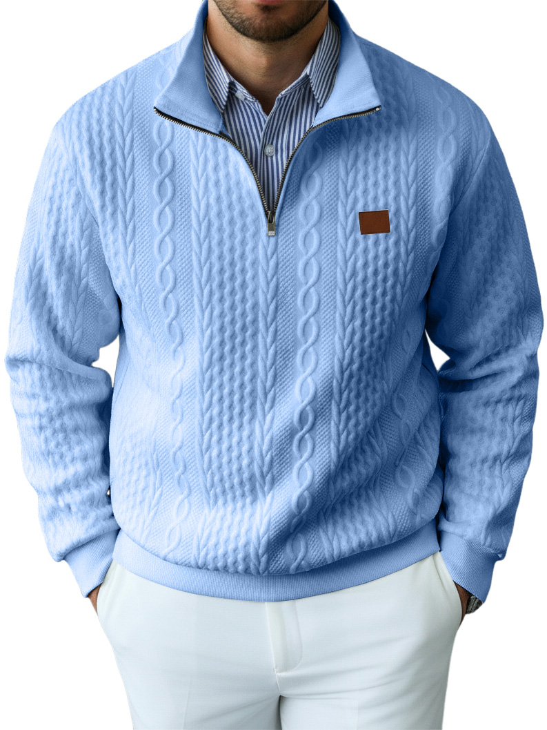 Men's Casual Solid Color Cable Knit Textured Quarter Zipper Stand Collar Sweatshirt