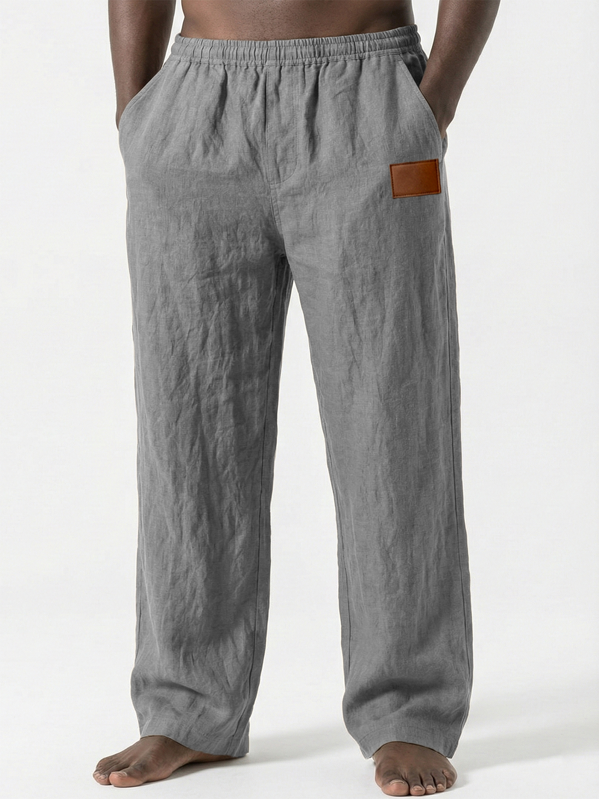 Breathable Linen Pants with Leather Embroidery