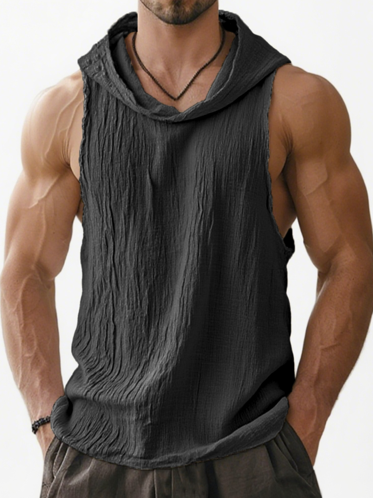 Men's Breathable Pleated Sleeveless Hooded Comfortable and Stylish Vest