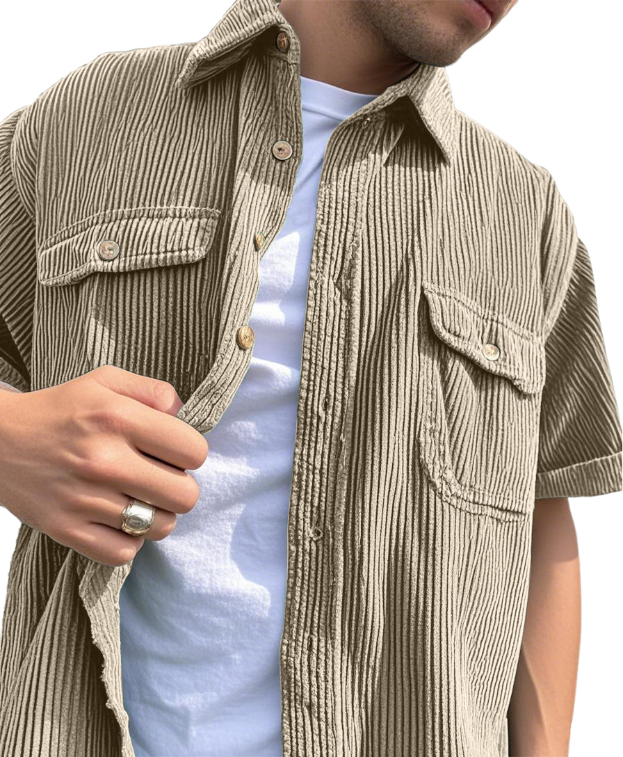 Men's Fashion Double-pocket Retro Corduroy Workwear Casual Short-sleeved Shirt