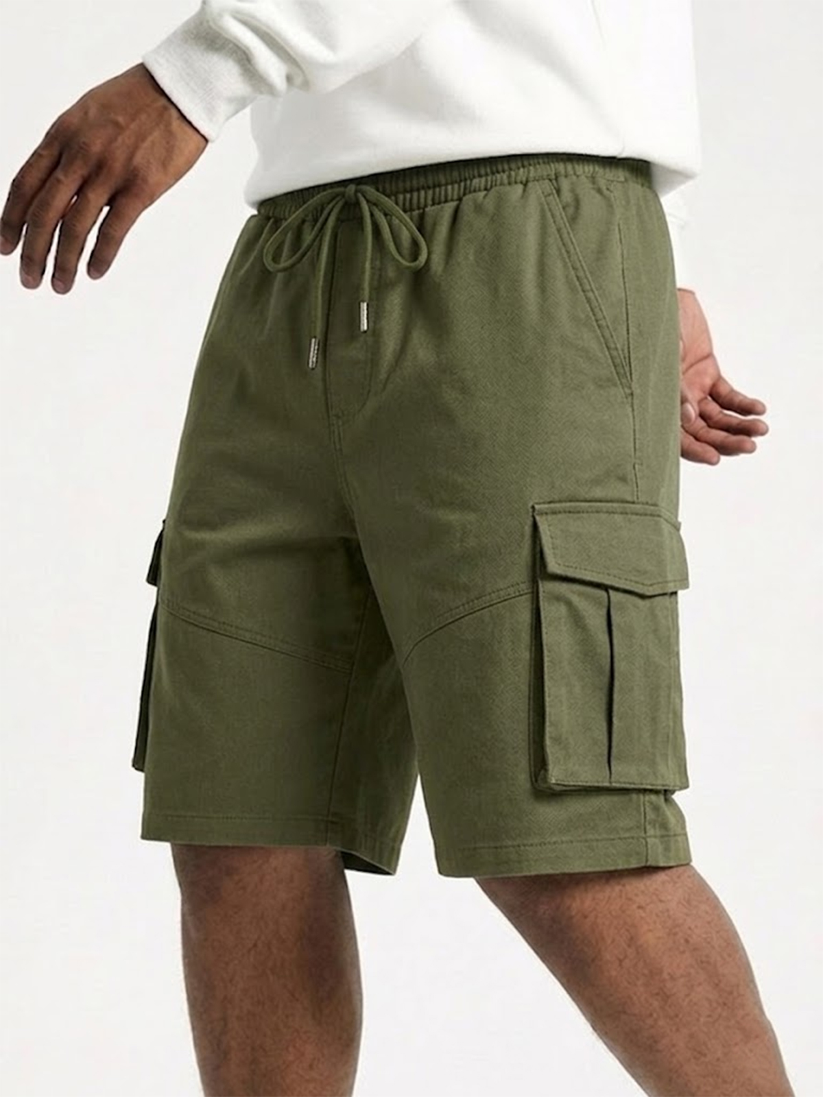 Men's Solid Color Workwear Style Multi-pocket Drawstring Elastic Waist Casual Shorts