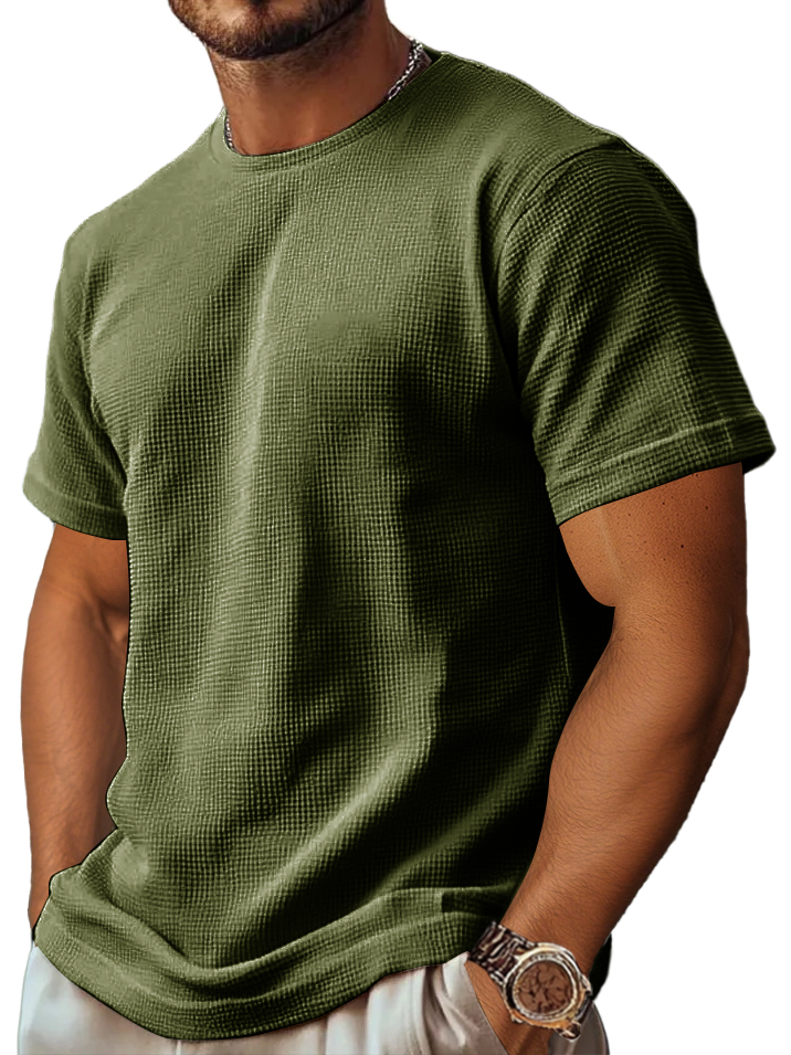 Men's Retro And Stylish Waffle Fabric With A Comfortable, Basic Straight-shoulder Slim-fitting T-shirt