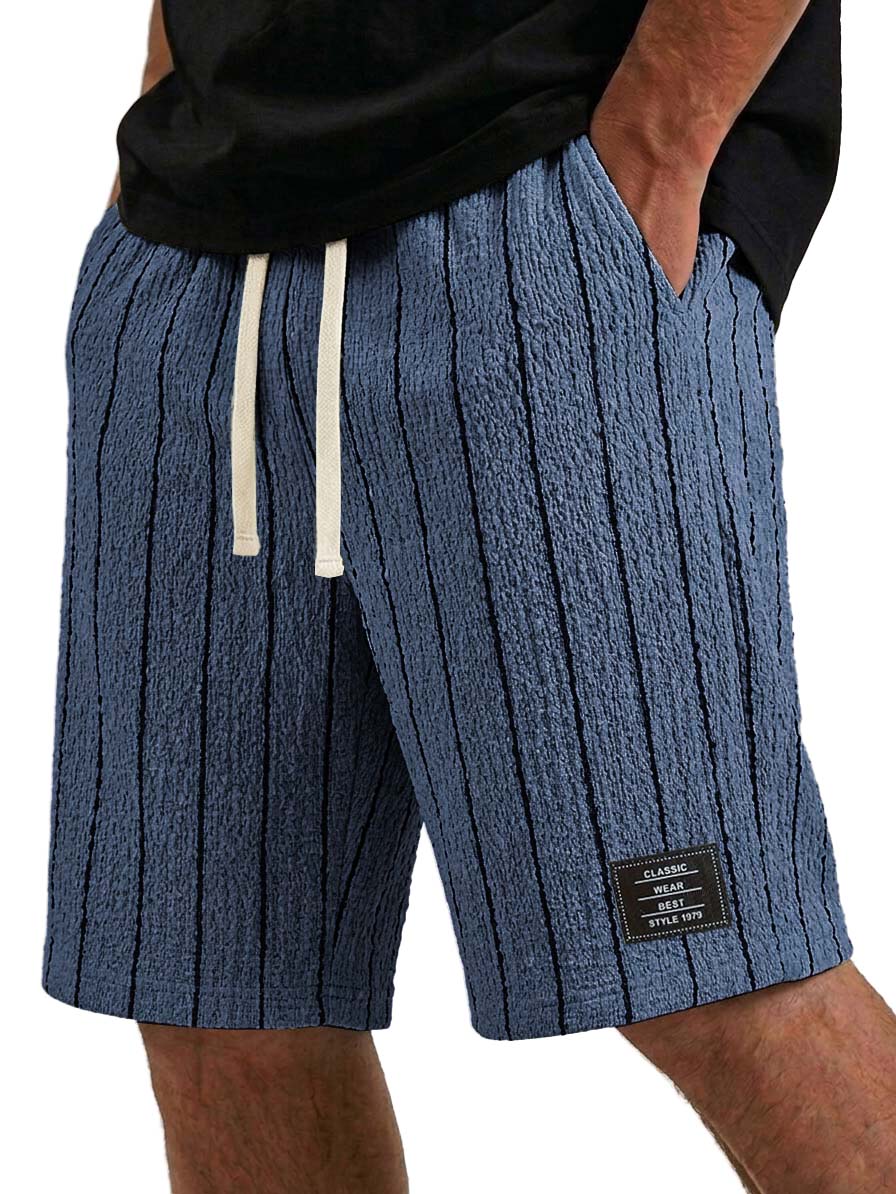 Men's Casual Textured Embroidered Logo Loose Comfort Striped Shorts