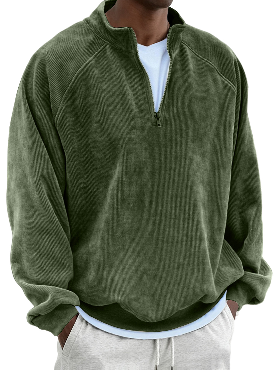 Men's Retro Fashion Corduroy Patchwork Raglan Sleeve Quarter Zip Sweatshirt