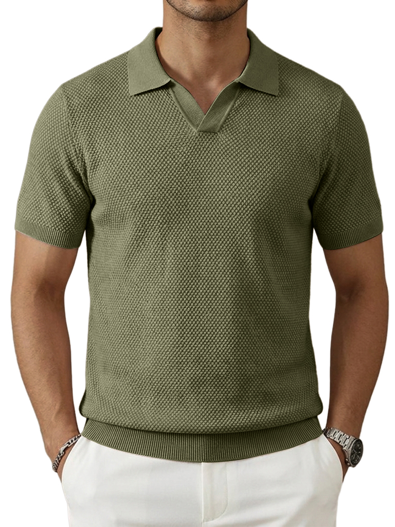 Pineapple-Texture Jacquard V-Neck Polo Shirt with Gull-Wing Collar