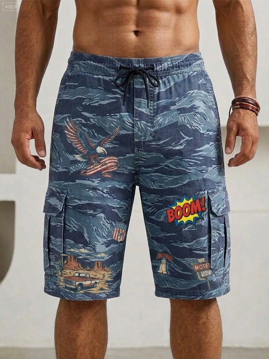Vintage Camouflage Graffiti Print Cargo Basic Shorts