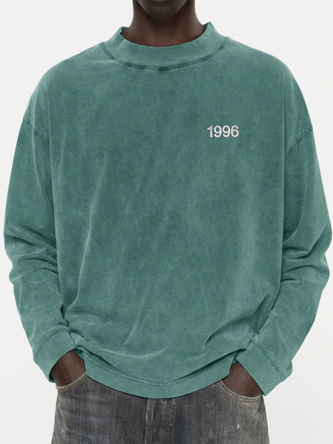Men's 100% Cotton Vintage Washed and Distressed 1996 Crew Neck Long-Sleeved T-shirt