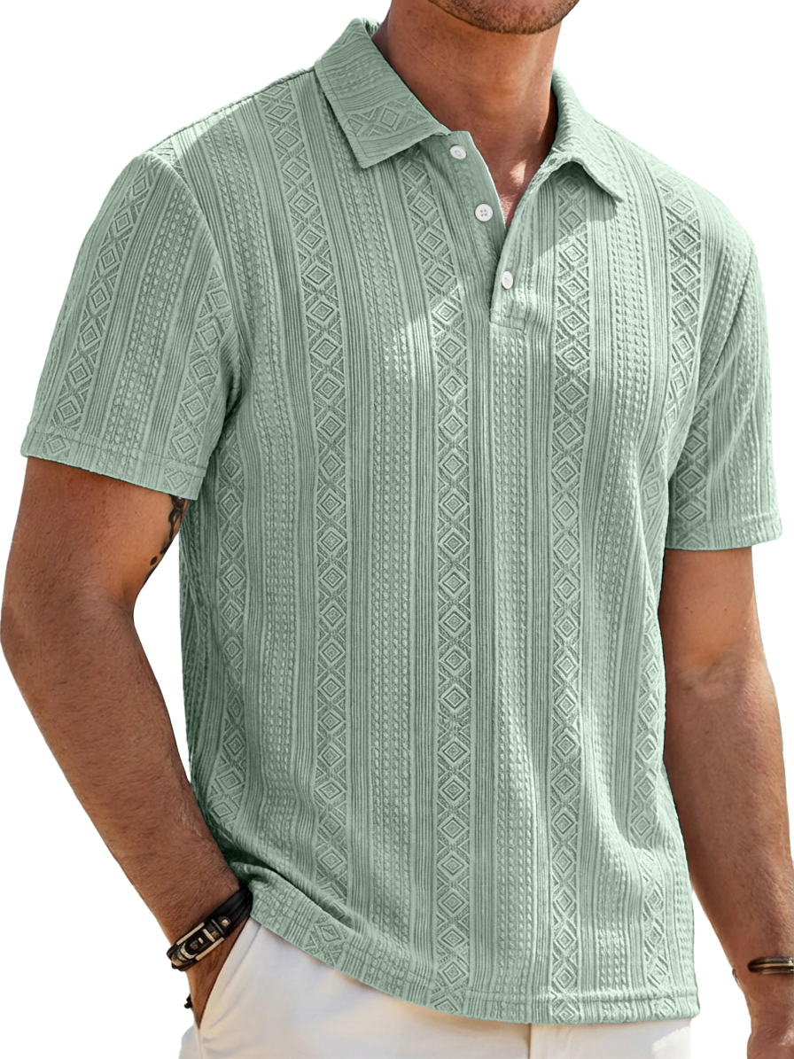 Men's Solid-Color Striped Jacquard Casual Short-Sleeve Polo Shirt