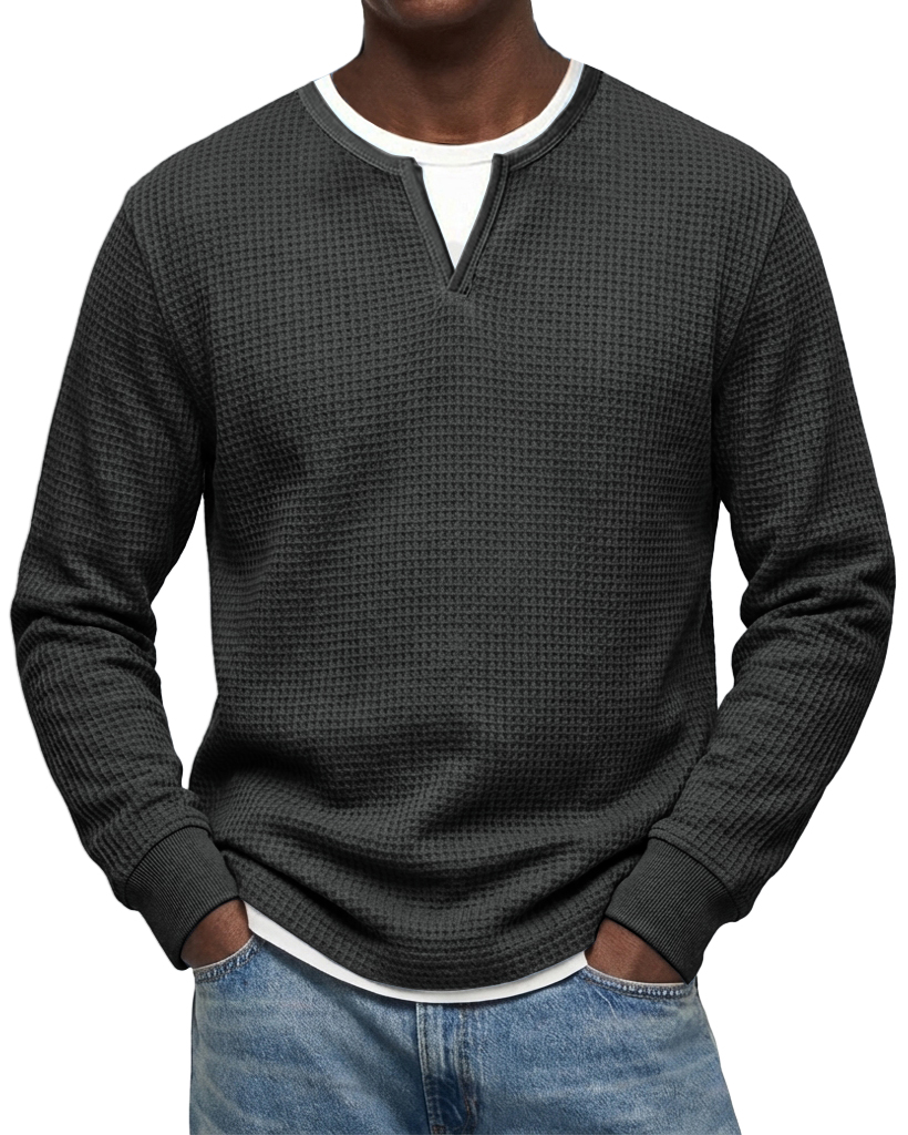Men's Casual Urban  V-neck Faux Two-Piece Waffle Knit Crew Neck Long-Sleeve T-Shirt