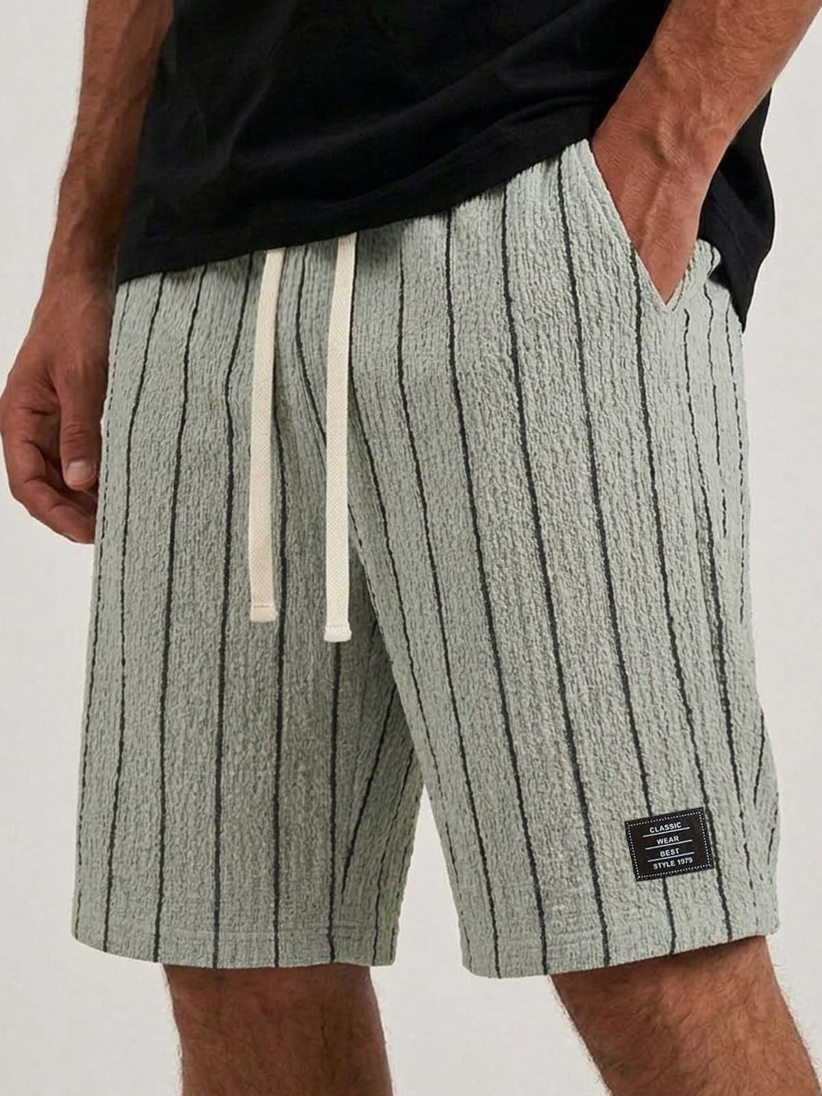 Men's Casual Textured Embroidered Logo Loose Comfort Striped Shorts