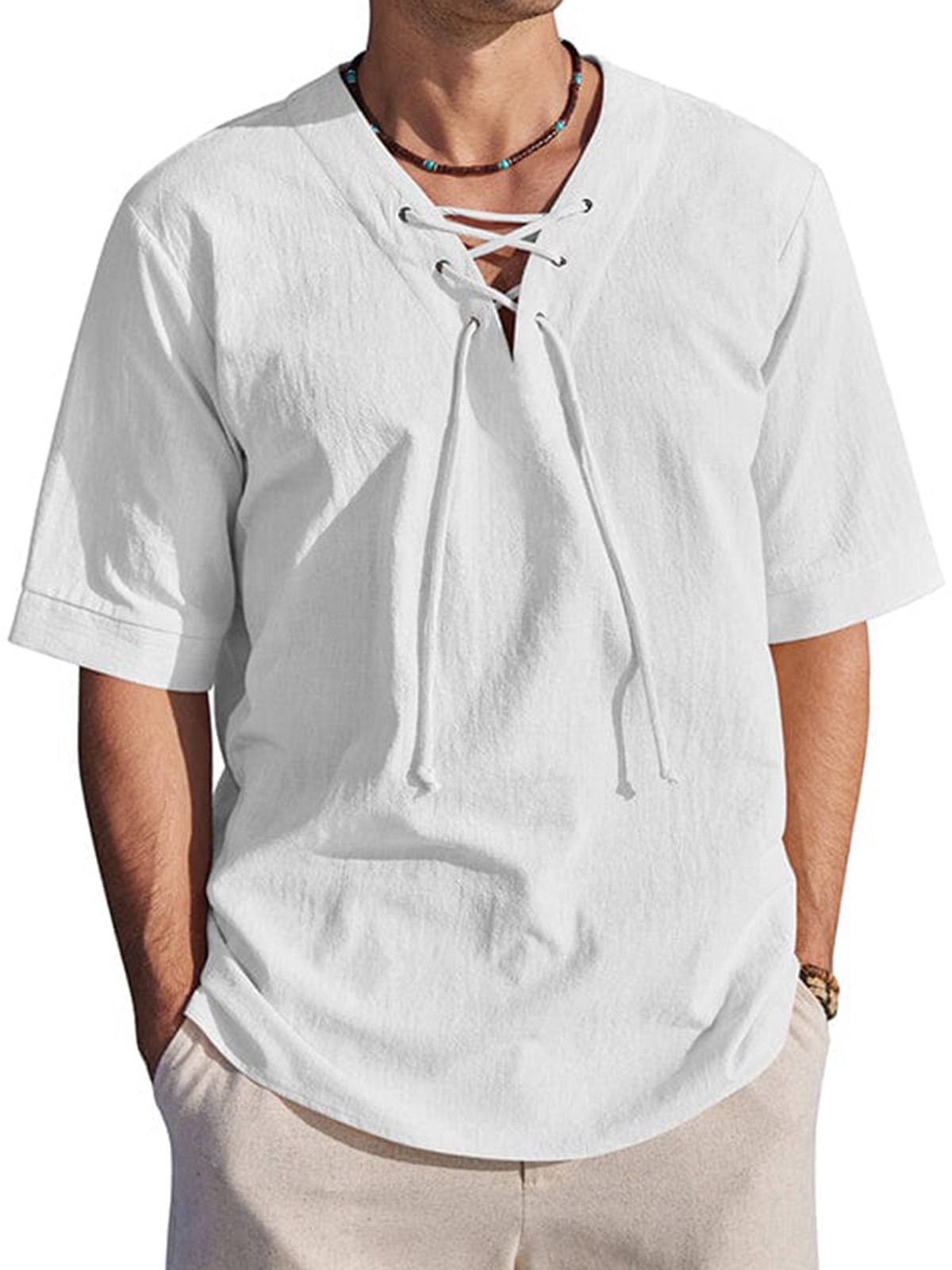 Men's Holiday Tie-Drape Hollow Neck Linen Casual Short Sleeve T-Shirt