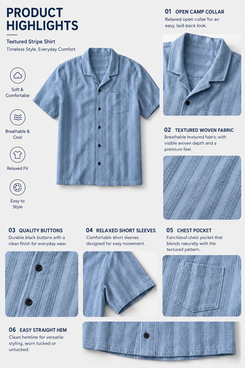 Men's Casual Breathable Comfortable Textured Jacquard Cuban Collar Shirt