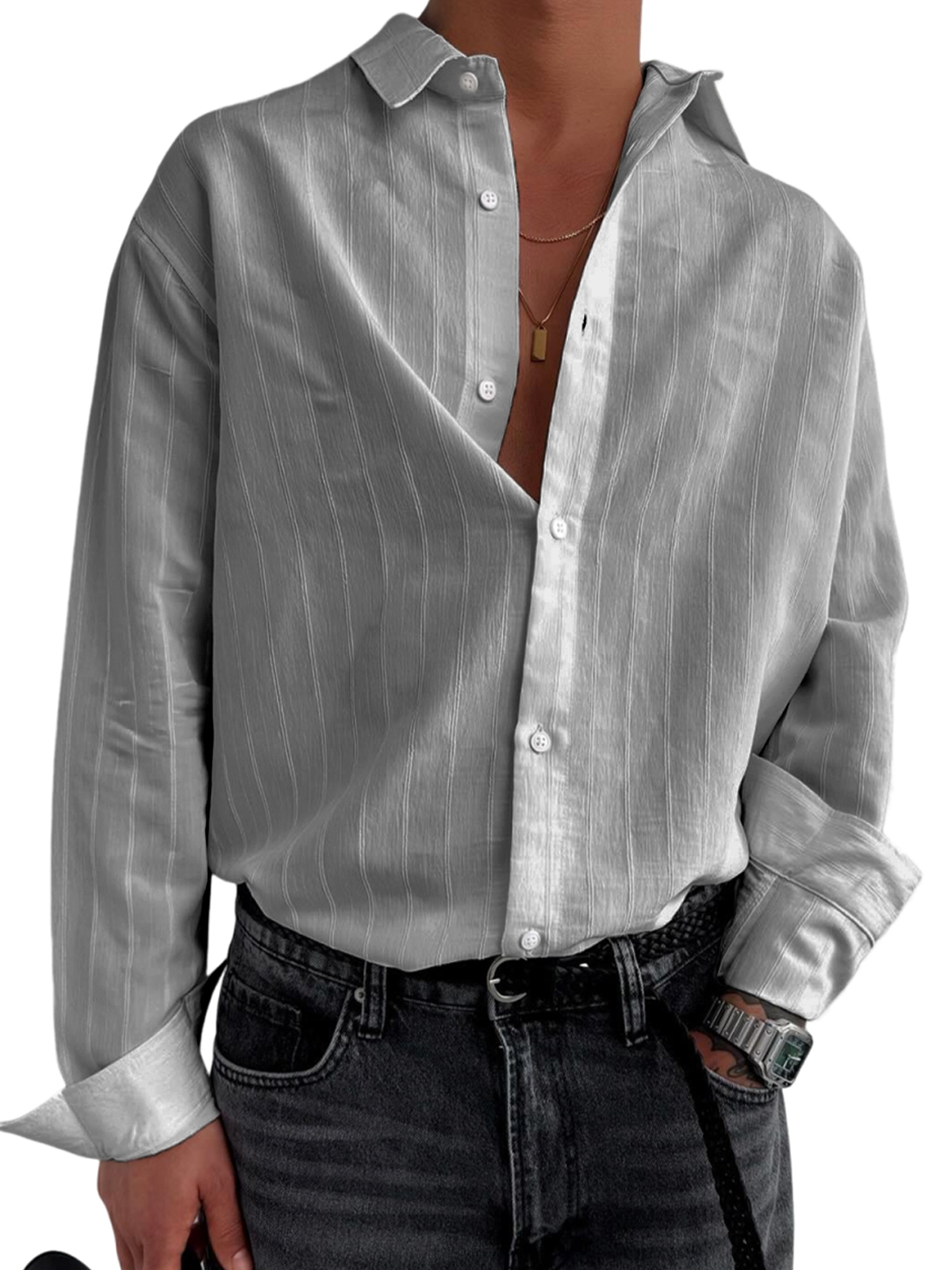Men's Stylish Striped Textured Casual Long Sleeve Shirt