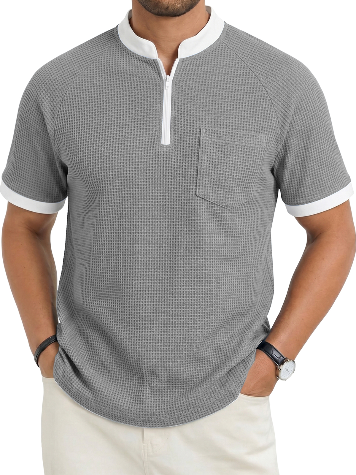 Men's Fashion Casual Stand Collar Zipper Waffle Fabric Pocket Short-Sleeve Top