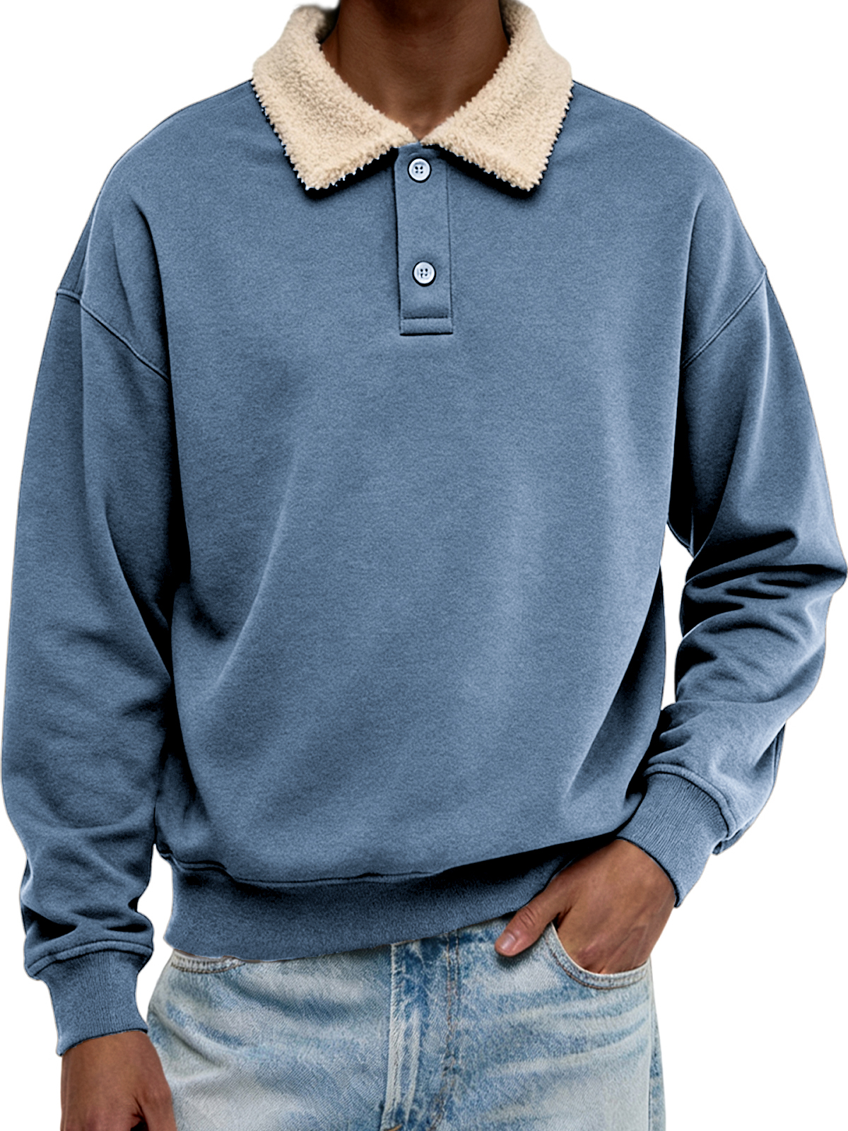 Men's Casual Sherpa Patchwork Collar Christmas Button-down Polo Shirt