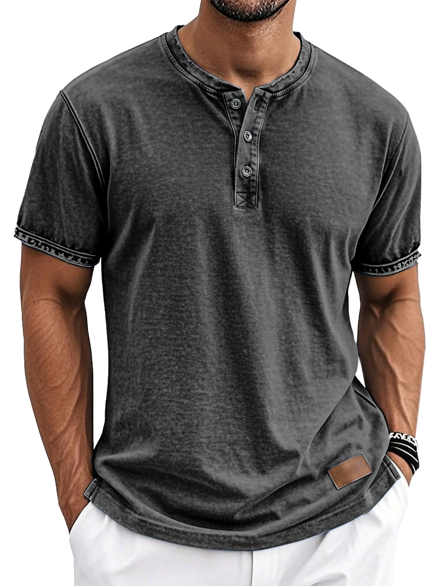 Men's Vintage Washed Retro Casual Short Sleeve Henley Shirt with Leather Logo Patch