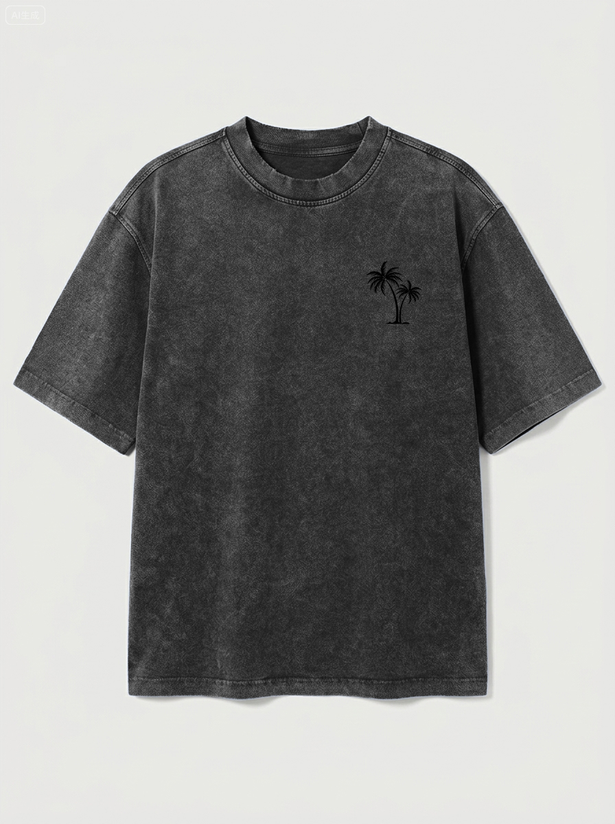100% Cotton Vintage Washed & Distressed Crew-Neck Short-Sleeve T-Shirt with Palm Tree Print