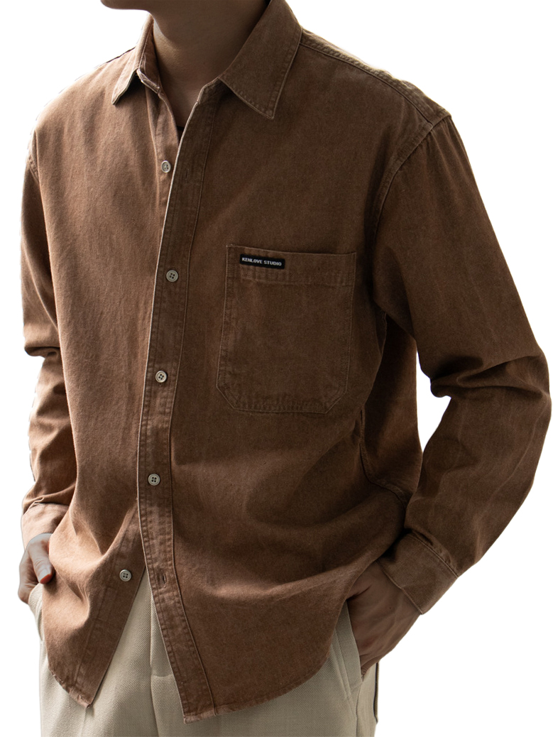Men's Basic Vintage Washed Pocket Logo Long Sleeve Shirt