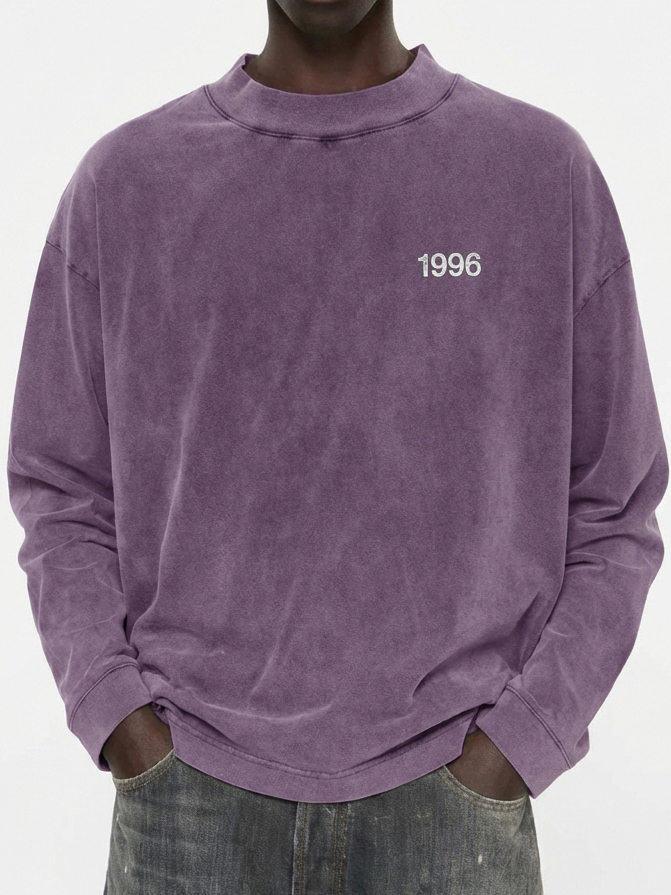 Men's 100% Cotton Vintage Washed and Distressed 1996 Crew Neck Long-Sleeved T-shirt