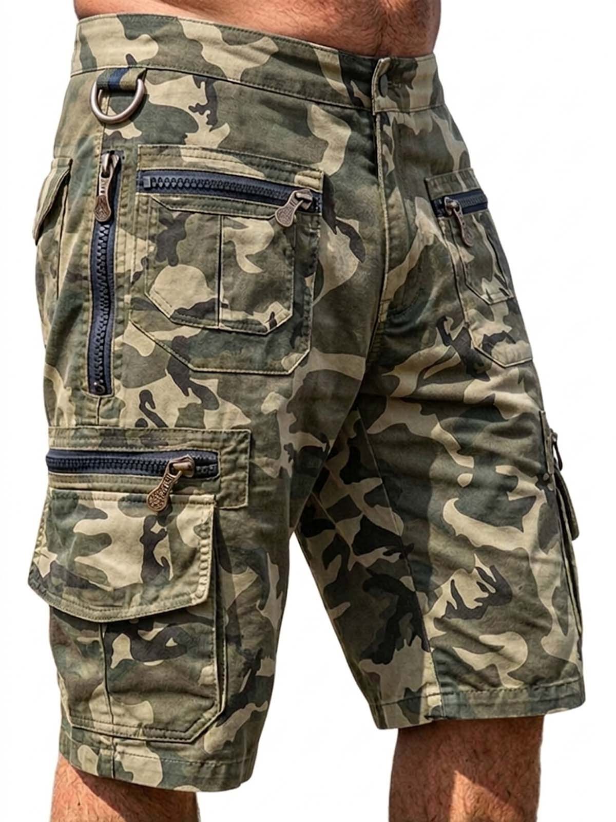 100% Cotton Multi-Pocket Cargo Shorts with Zipper Design