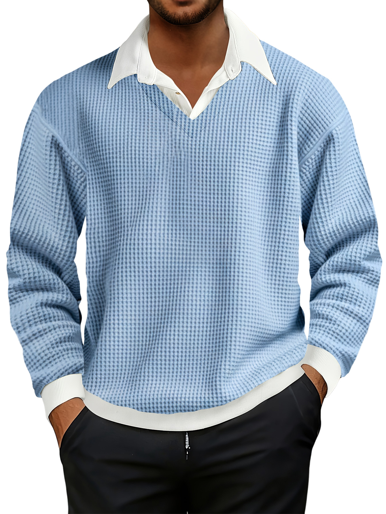 Men's Fashionable Casual Waffle Faux Two-piece Polo Sweatshirt