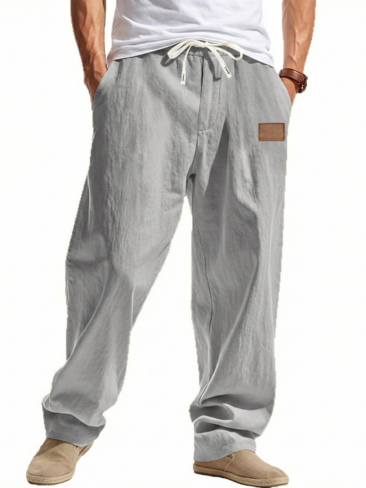 Loose-fitting Linen Wide-leg Beach Trousers with Embroidered Label