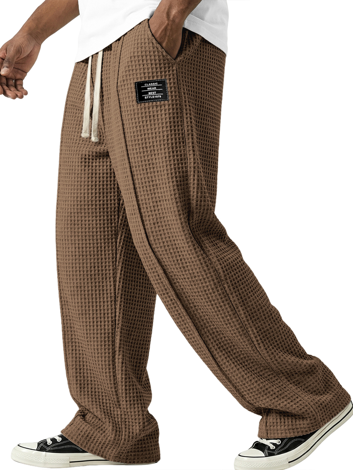 Waffle-textured Minimalist Lace-up Embroidered Pants