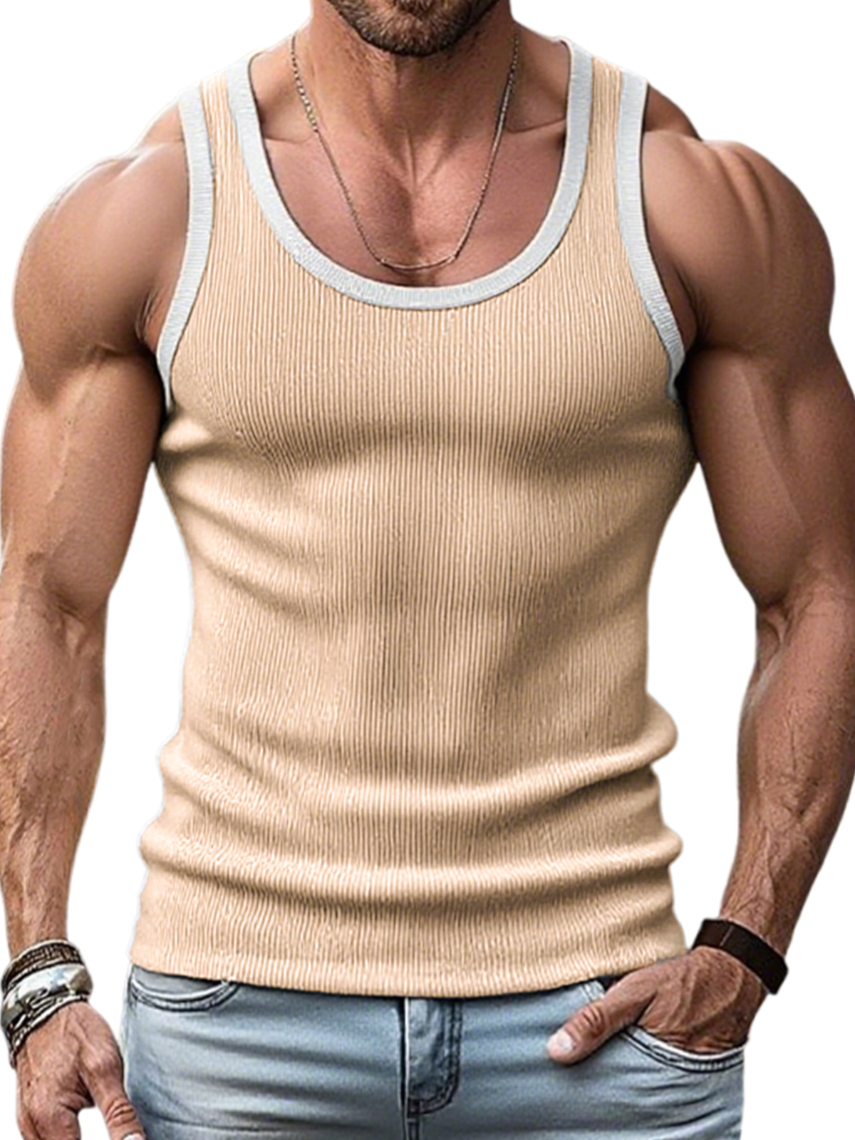 Men's Stylish Ribbed Contrast Color Sleeveless Sports Fitness Vest