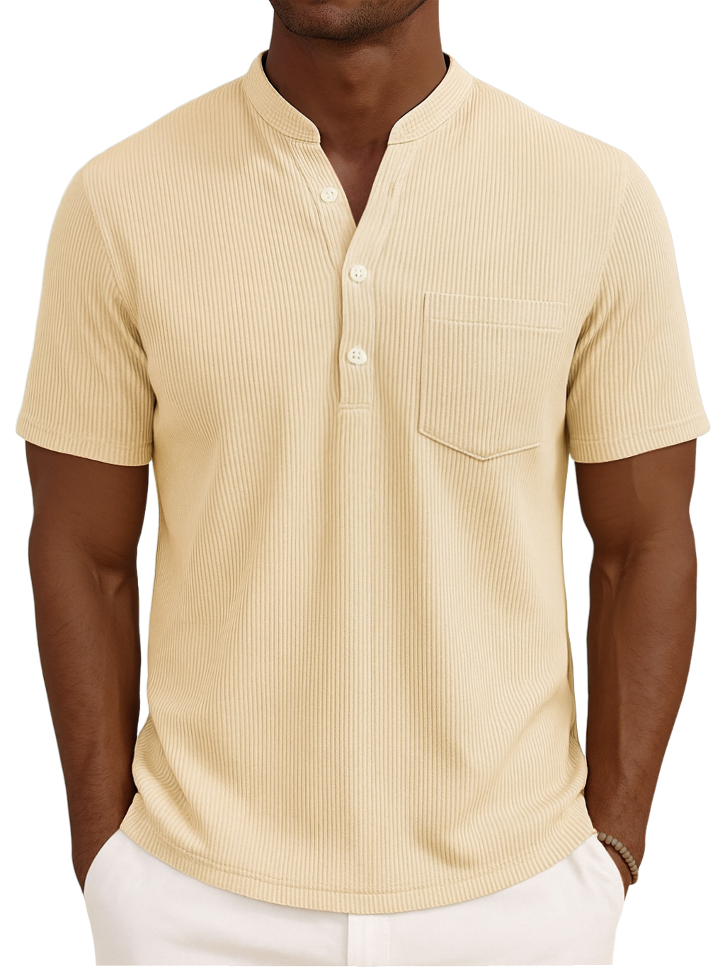 Men's Henley Collar Solid Color Loose And Comfortable Vertical Striped Pocket Short-sleeved Top