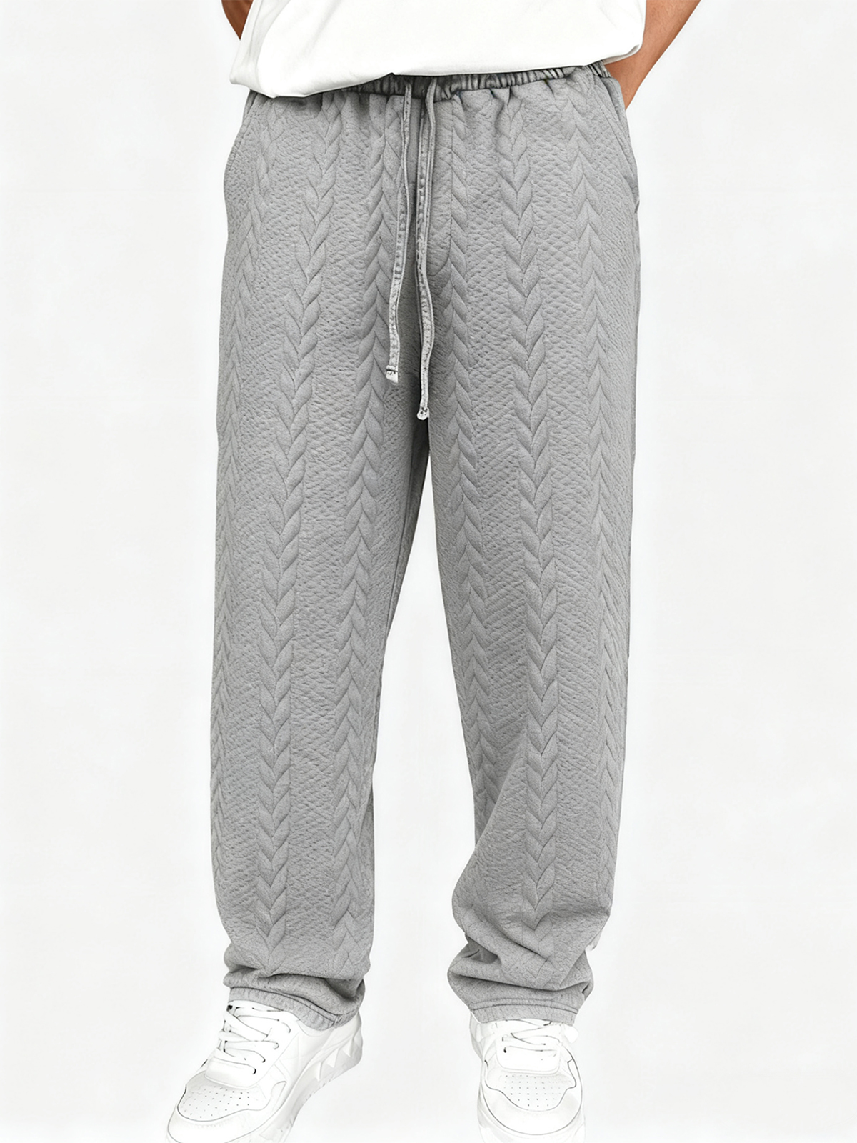 Men's Casual Jacquard Loose Solid Color Drawstring Wide-leg Straight Trousers