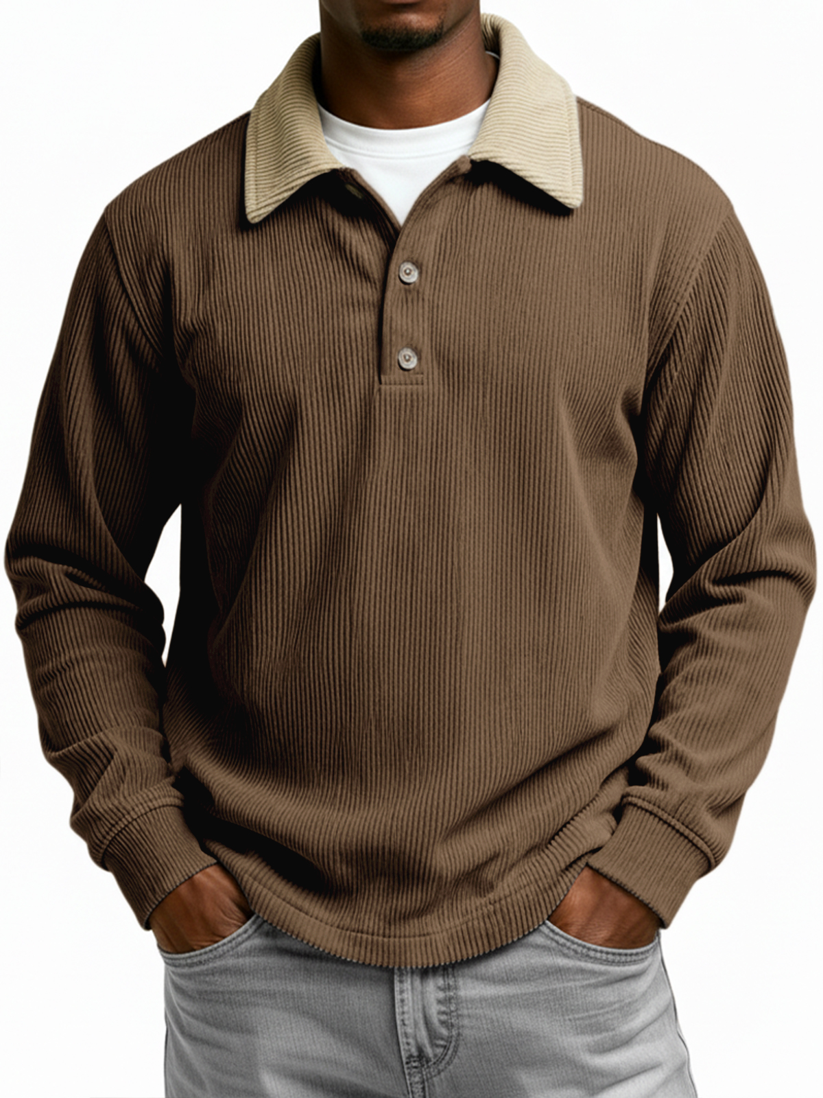 Men's Color-blocked Ribbed Collar Long-sleeved Button-down Polo Shirt