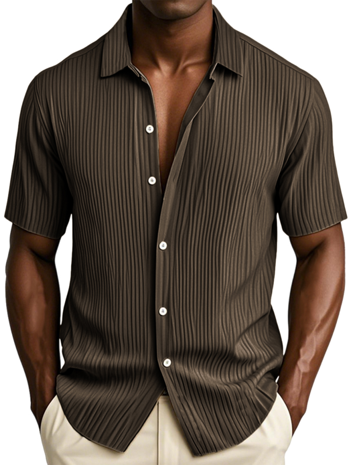 Men's Textured Vertical Striped Ice Silk Ripped Casual Button-down Short-sleeved Shirt