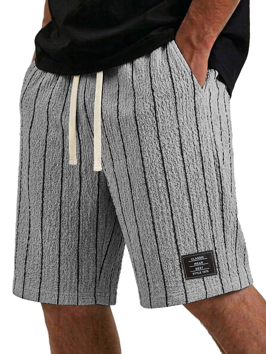 Men's Casual Textured Embroidered Logo Loose Comfort Striped Shorts