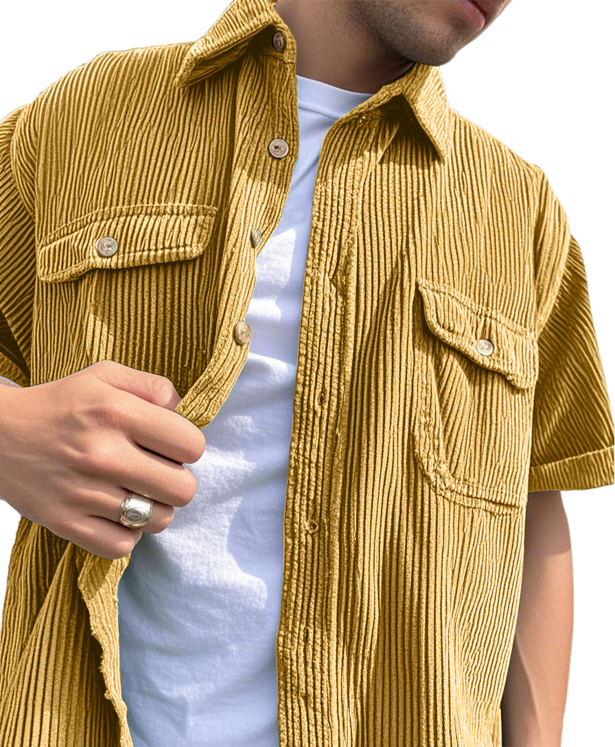 Men's Fashion Double-pocket Retro Corduroy Workwear Casual Short-sleeved Shirt