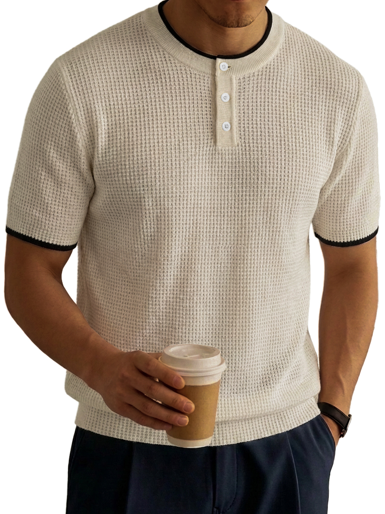 Color-Block Waffle-Knit Basic Casual Henley Shirt
